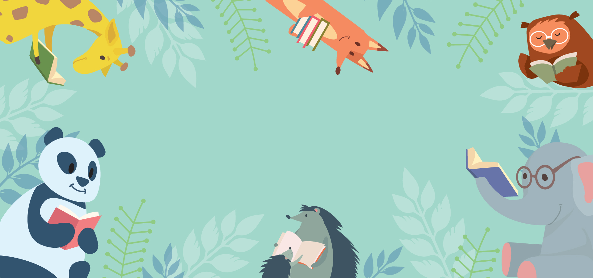 A green background with leaves and a panda, giraffe, fox, owl, elephant and hedgehog reading a book, bordering the image.