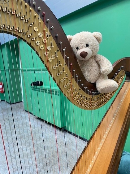Teddy bear sitting on a harp frame, with green walls and a fire extinguisher in the background.