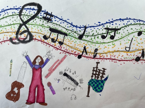 Colourful drawing with musical notes on a rainbow staff, a person in red overalls raising their arms, and various music-related items like a guitar, headphones, and bagpipes.
