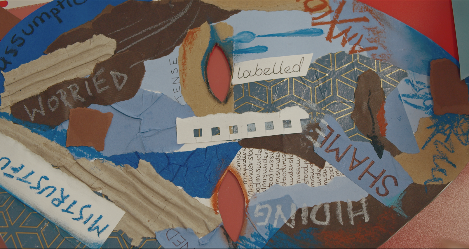 Collage of torn paper pieces with words like “WORRIED,” “MISTRUSTED,” “SHAME,” and “HIDING,” set against a textured background with geometric patterns.