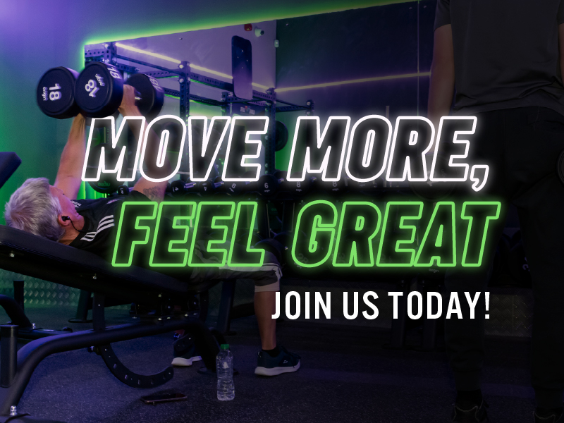 A black background with the wording, Move More, Feel Great. Join us today.