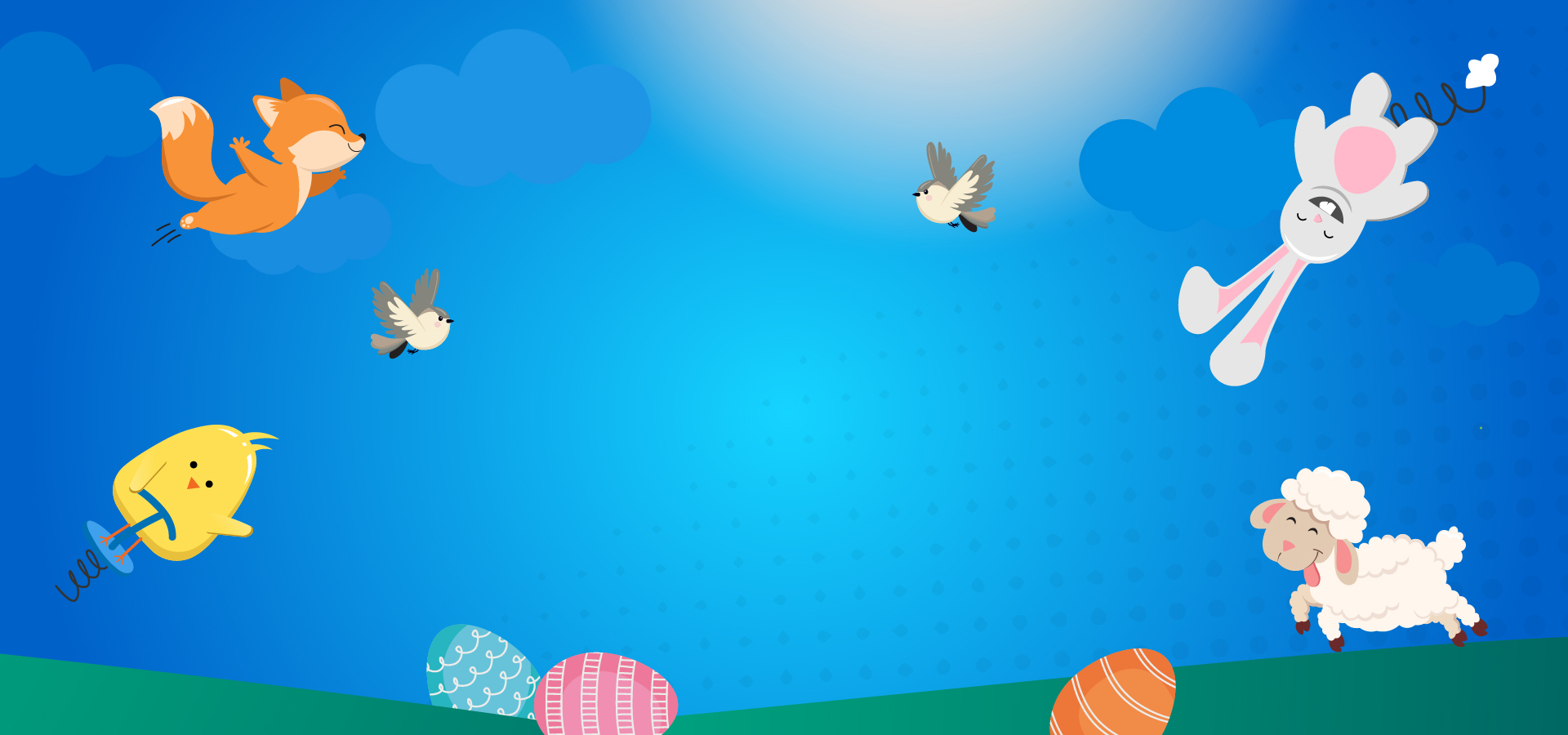 A blue sky background with bunny rabbits and Easter eggs