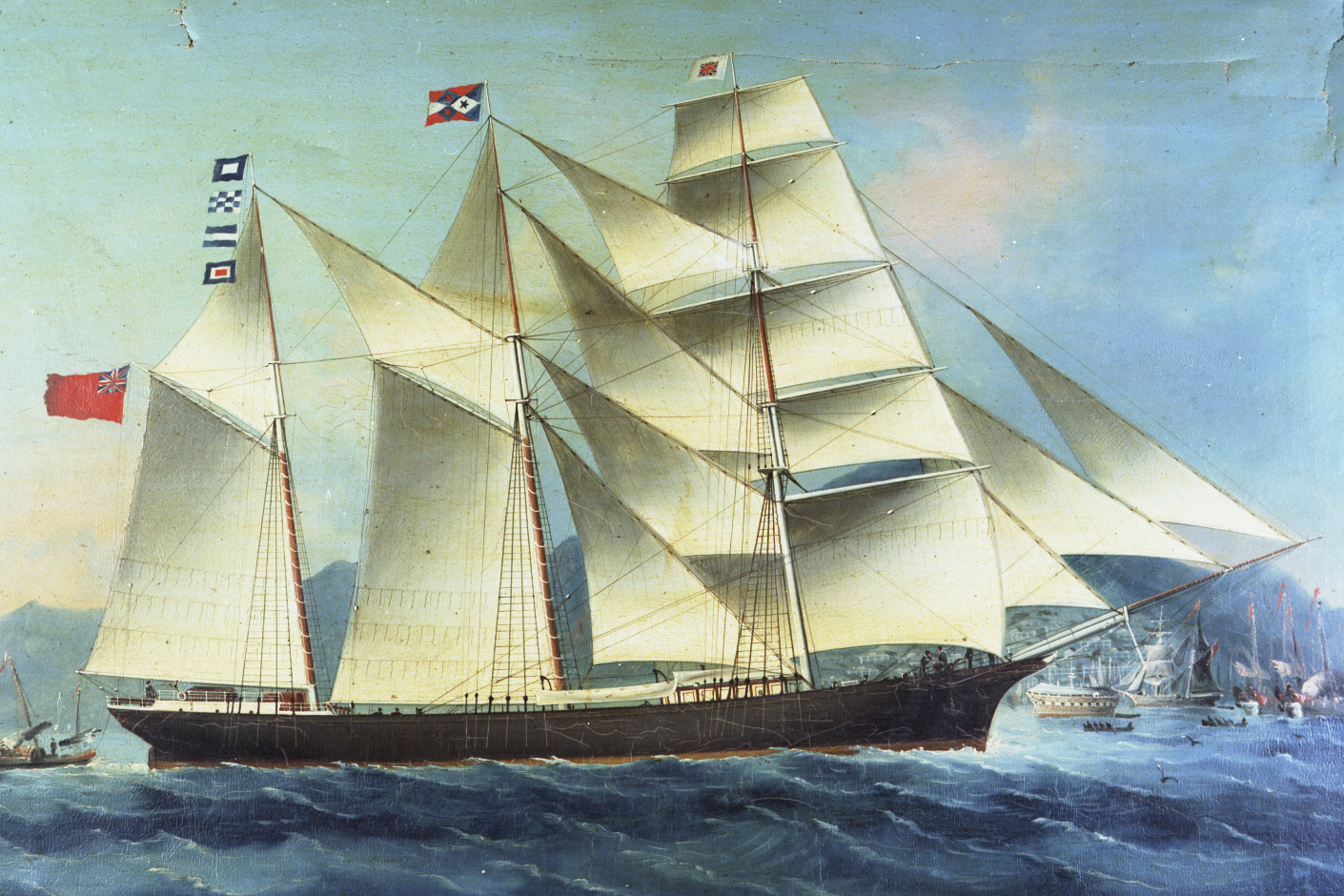 Oil painting of the schooner 'Rosebud' at Hong Kong.