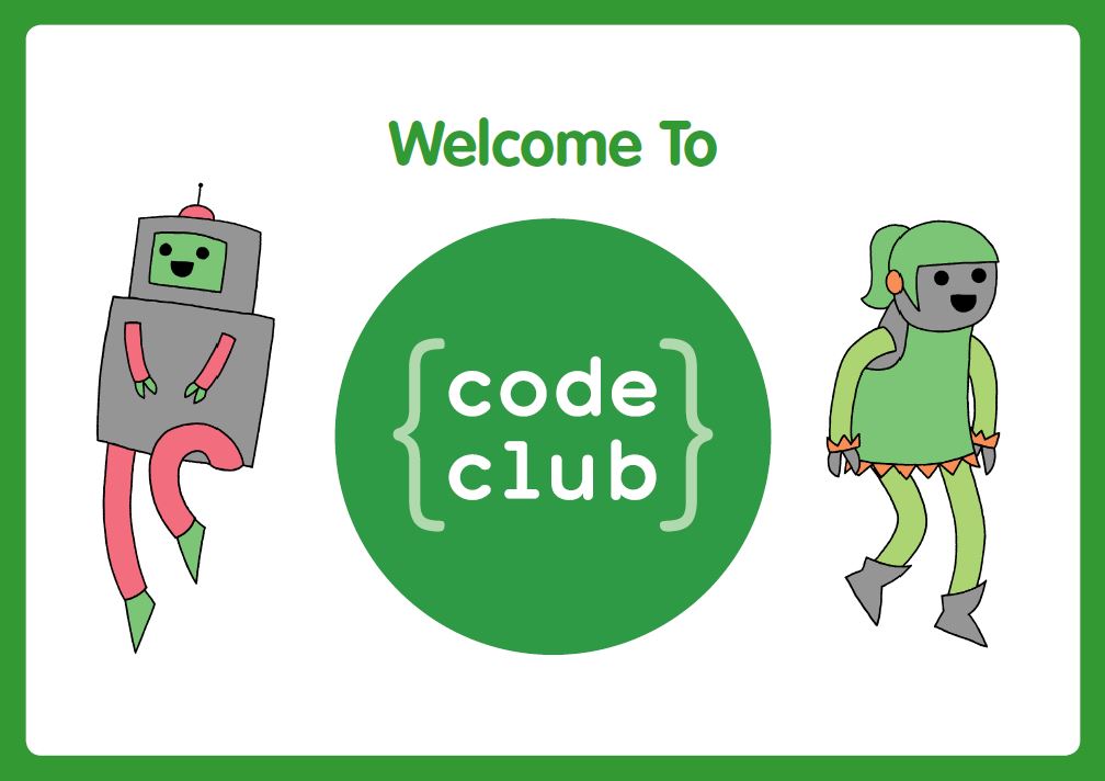 Welcome to Code Club. Logo with two robots