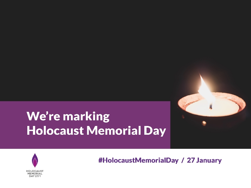 The words 'We're marking Holocaust Memorial Day' on a purple background, beside a lit candle