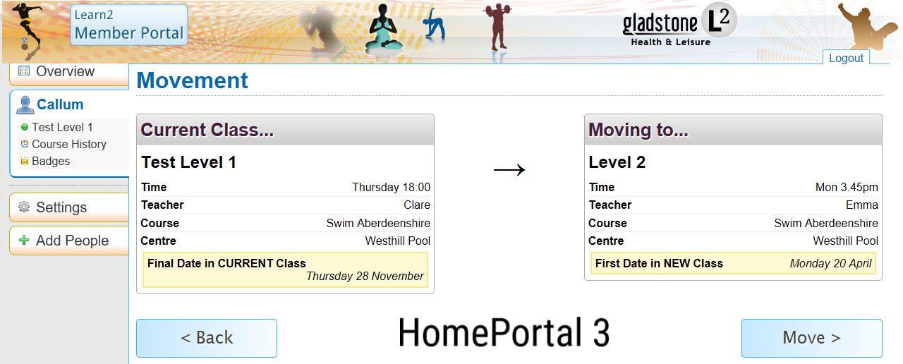 Movement section of HomePortal showing the details of the current class and new class