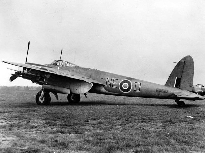 •	De Havilland Mosquito NE-D RS625 of 143 Sqn Banff Strike Wing, armed with rockets for a possible anti-shipping raid. RAF Boyndie, Banff, Scotland 1944