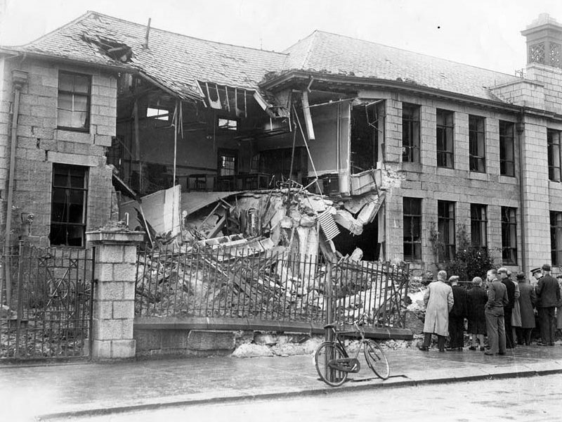 Damaged to Peterhead Academy’s frontage on York Street after a bombing raid