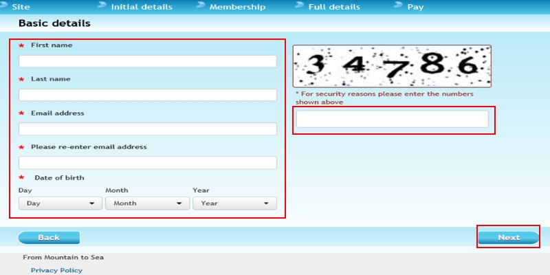 Screenshot showing the fields to complete including name, email address and date of birth