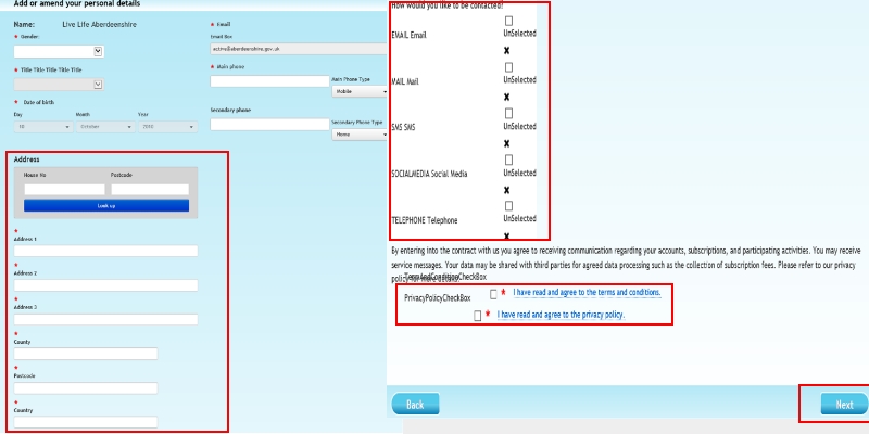 Screenshot showing address fields and privacy statement tick box