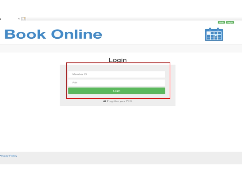 Screenshot showing the login screen of our booking system
