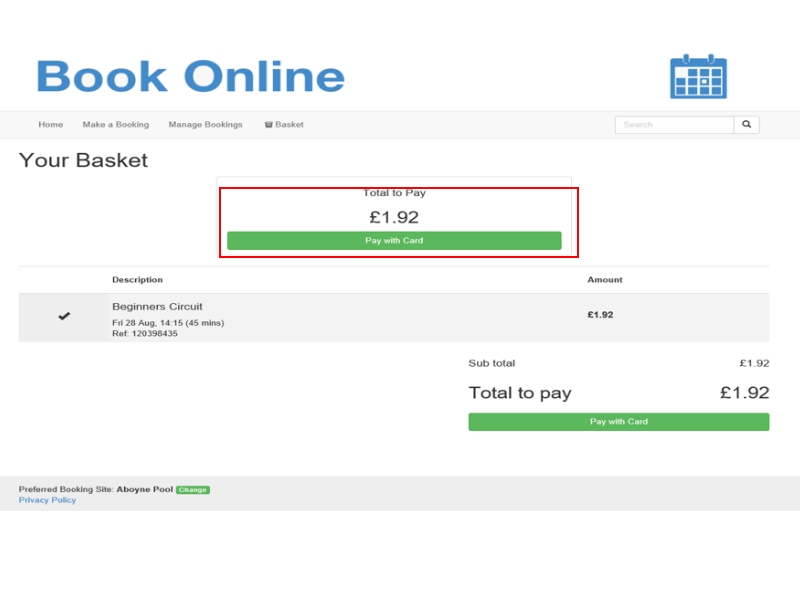 Screenshot showing option to pay with card