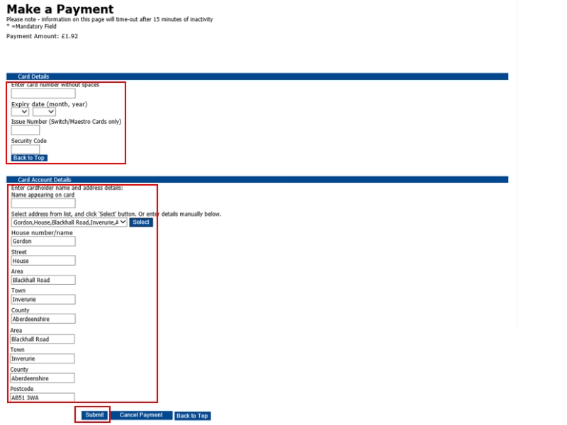 Screeshot showing the payment page