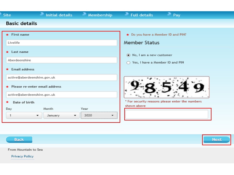 Screenshot showing areas to fill in with personal deatils