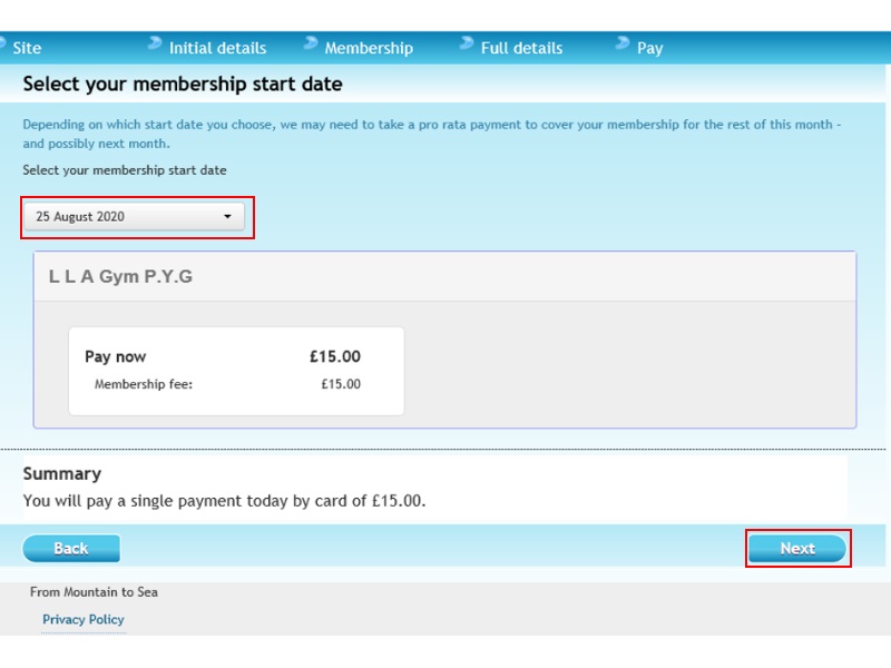 screenshot showing start date of pass and total price