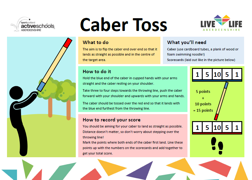 Instructions for taking part in an alternative "caber toss" activity