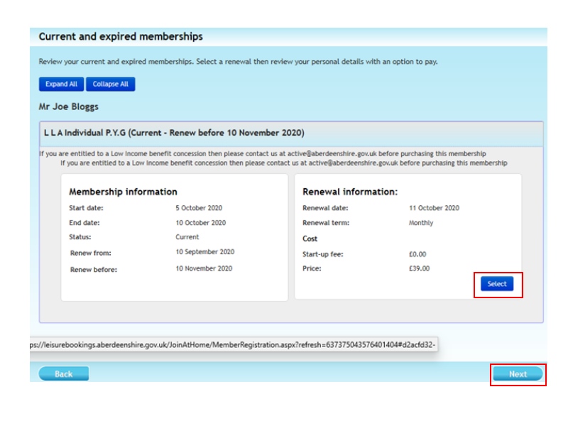 Screenshot showing your membership information and renewal information