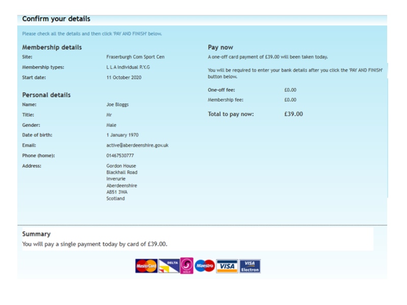 Screenshot showing payment options and confirm your details
