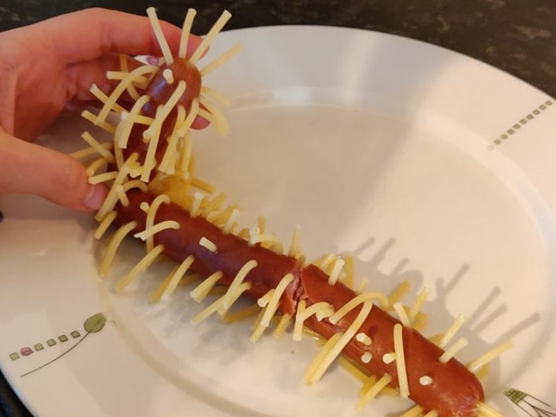 Hairy Hot Dog sausage with spaghetti spikes