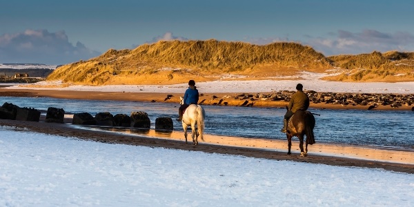 A couple of people horse riding along the beach