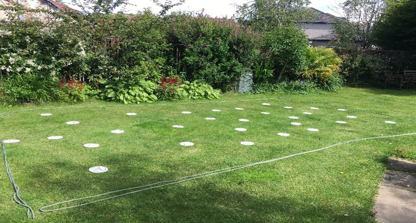 ropes and dots on a grass area