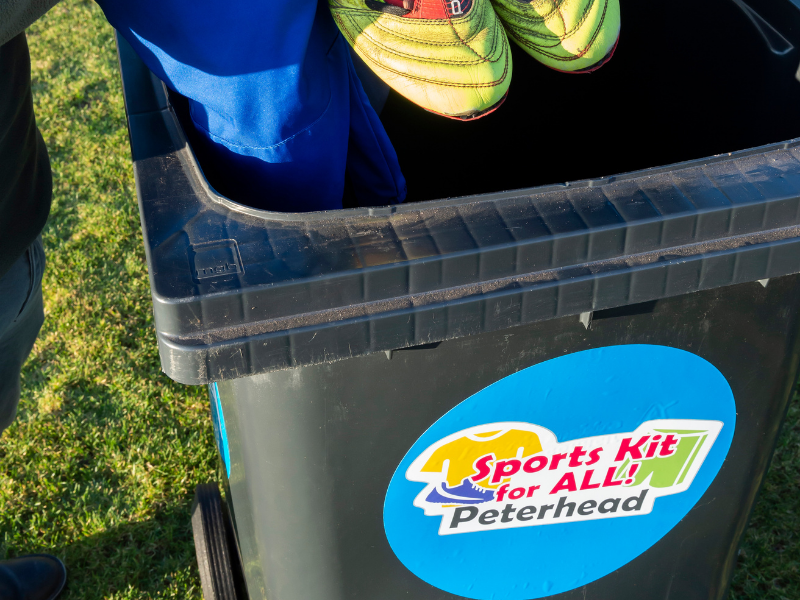 A collection bin for sports kits. Sports Kit for All Peterhead.