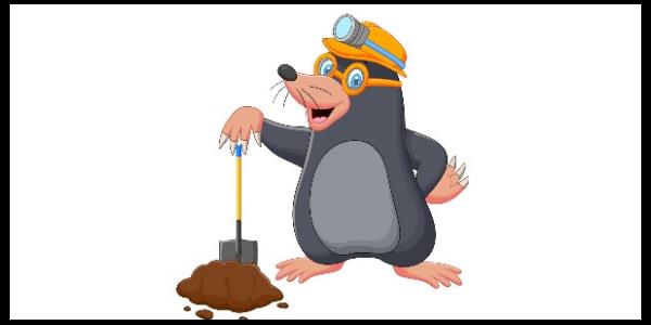 A cartoon mole digging a hole with a spade