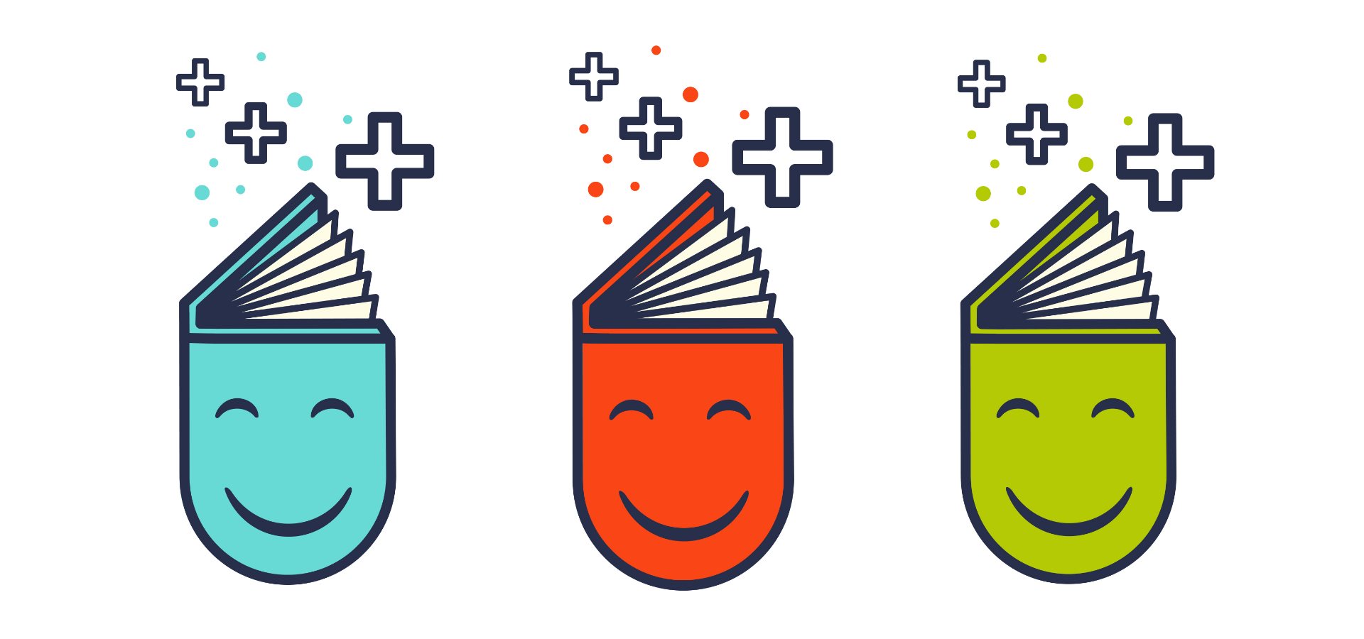 A blue, green and red open book graphic with a smiley face on them