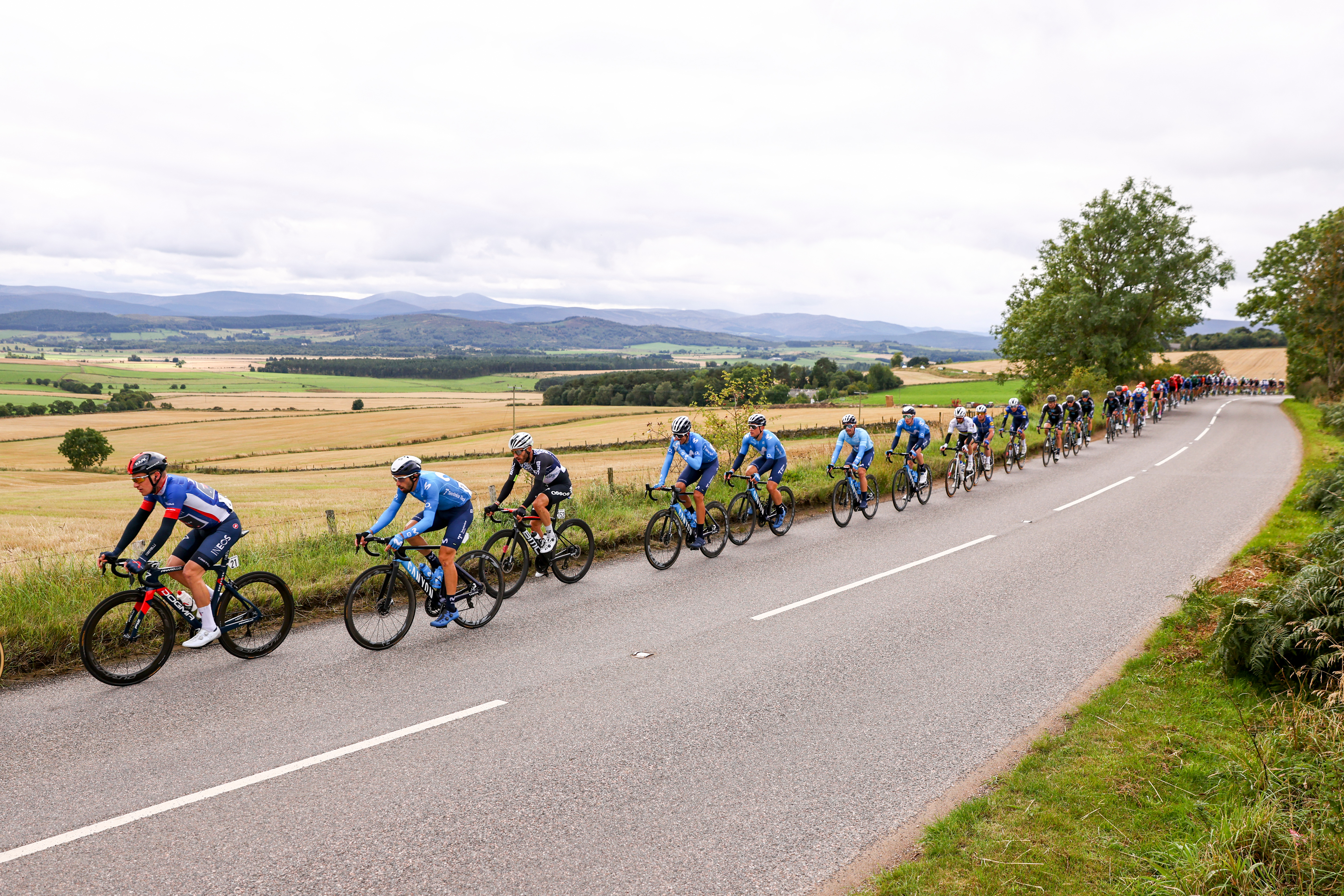 Riders cycling along a road in the countryside.