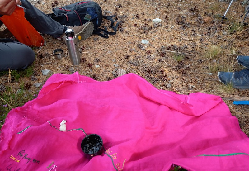 walker resting and drinking from flask with pink cloth on the ground