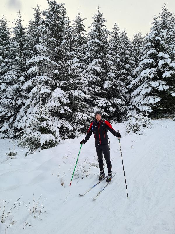 A person skiing in a snowy forest