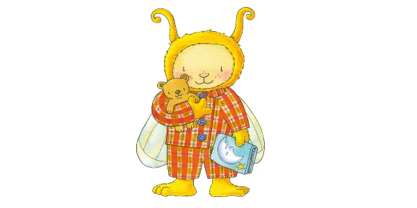 Bookbug in his pyjamas holding a book and a teddy bear