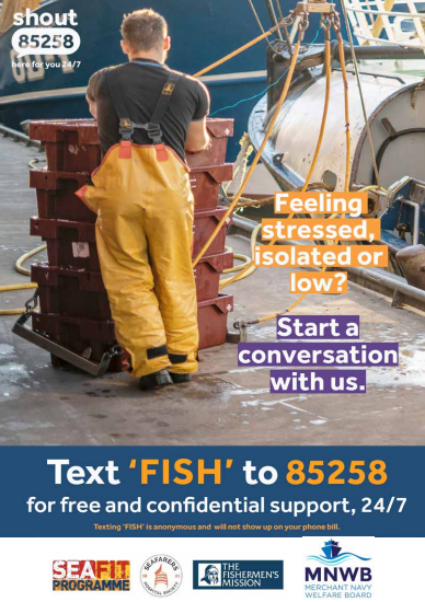 Poster Image for Shout mental health text messaging service. Text 'Fish' to 85258 for free confidential support.