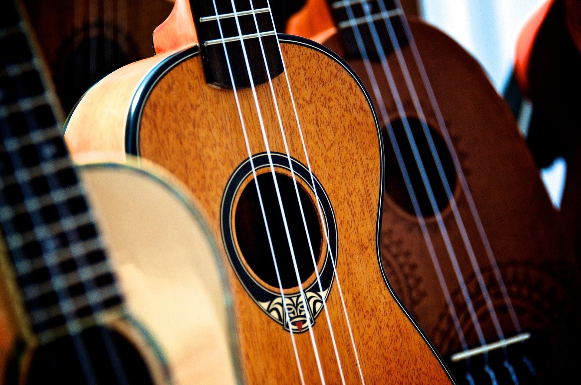 close up photo of 3 ukuleles
