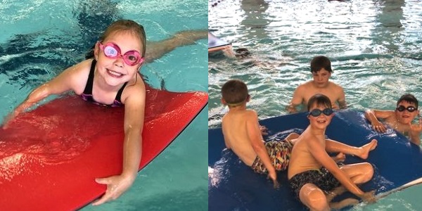 A group of children playing on the floats in the pool