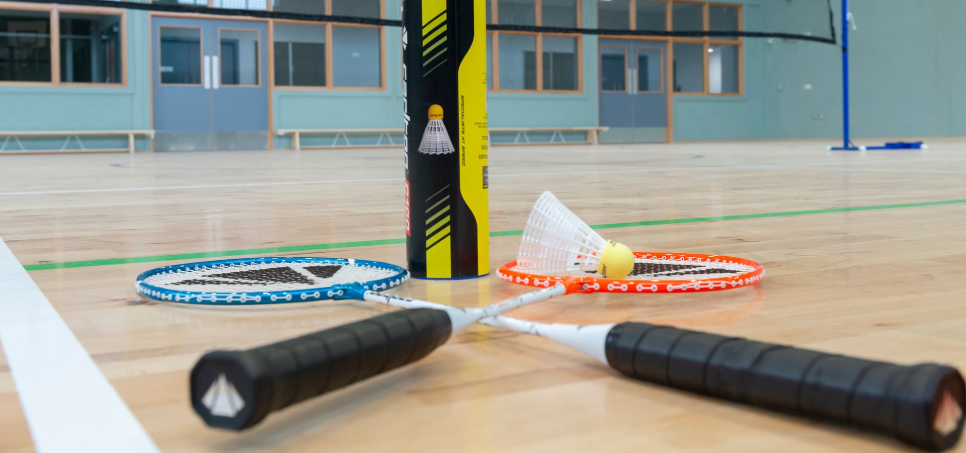 Badminton equipment in a badminton court