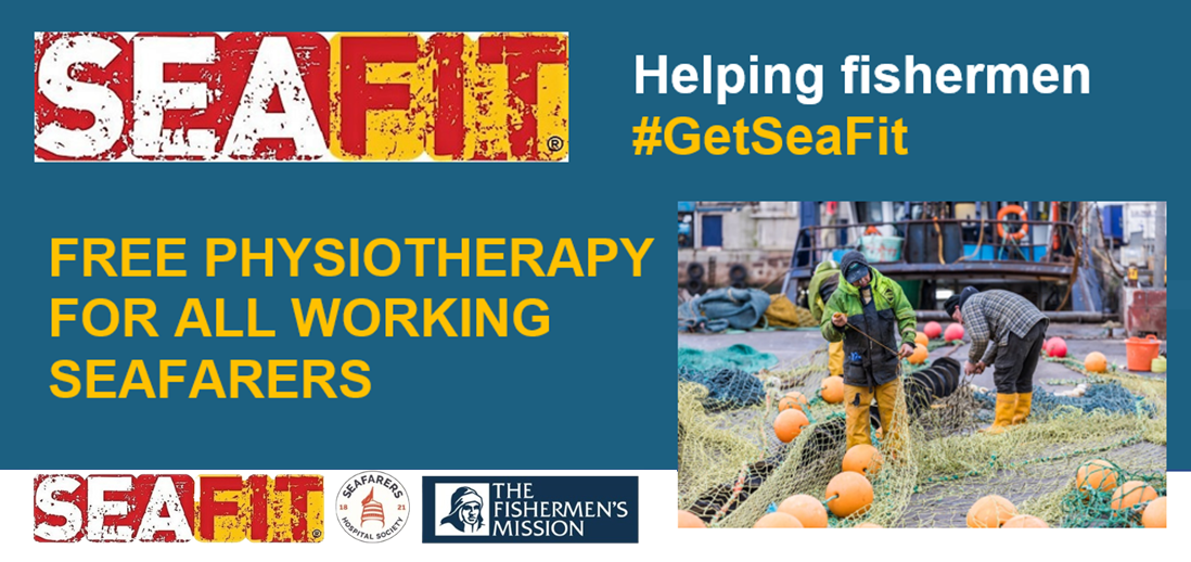 Image reads 'Free Physiotherapy for all working seafarers'.