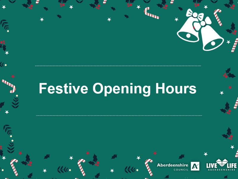 Green background with Christmas graphics and the words Festive Opening Hours