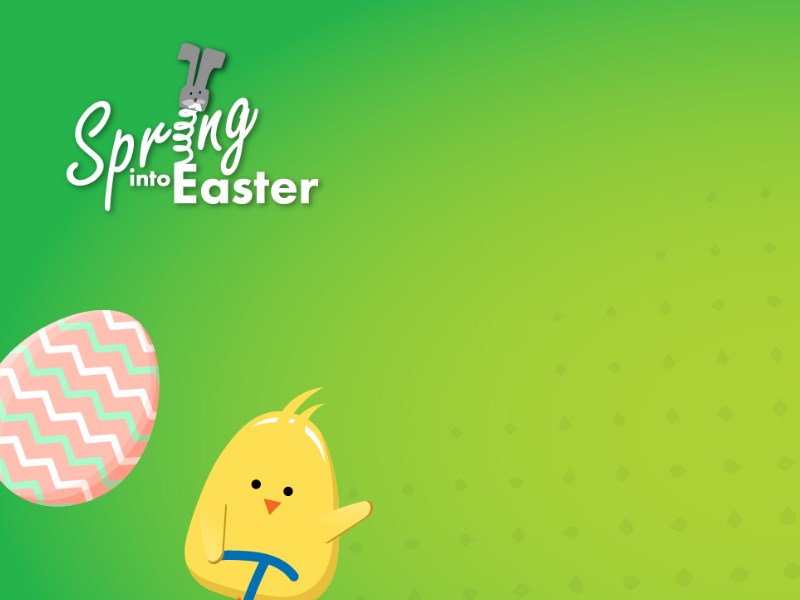 Spring into Easter graphic with a chicken and egg graphic on a green background