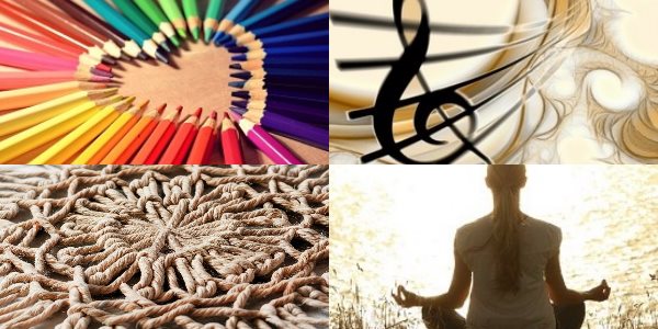 A collage of images including colouring pencils, a music note, some textiles and a person meditating.