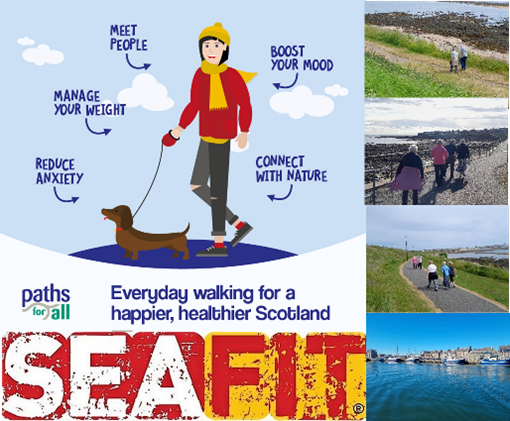 Images of people walking with Seafit and Paths for All logos